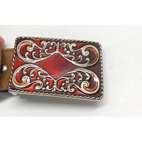 Western Style Brown Faux Leather Belt Ornate Red Enamel Silver Tone Buckle - Picture 2 of 10